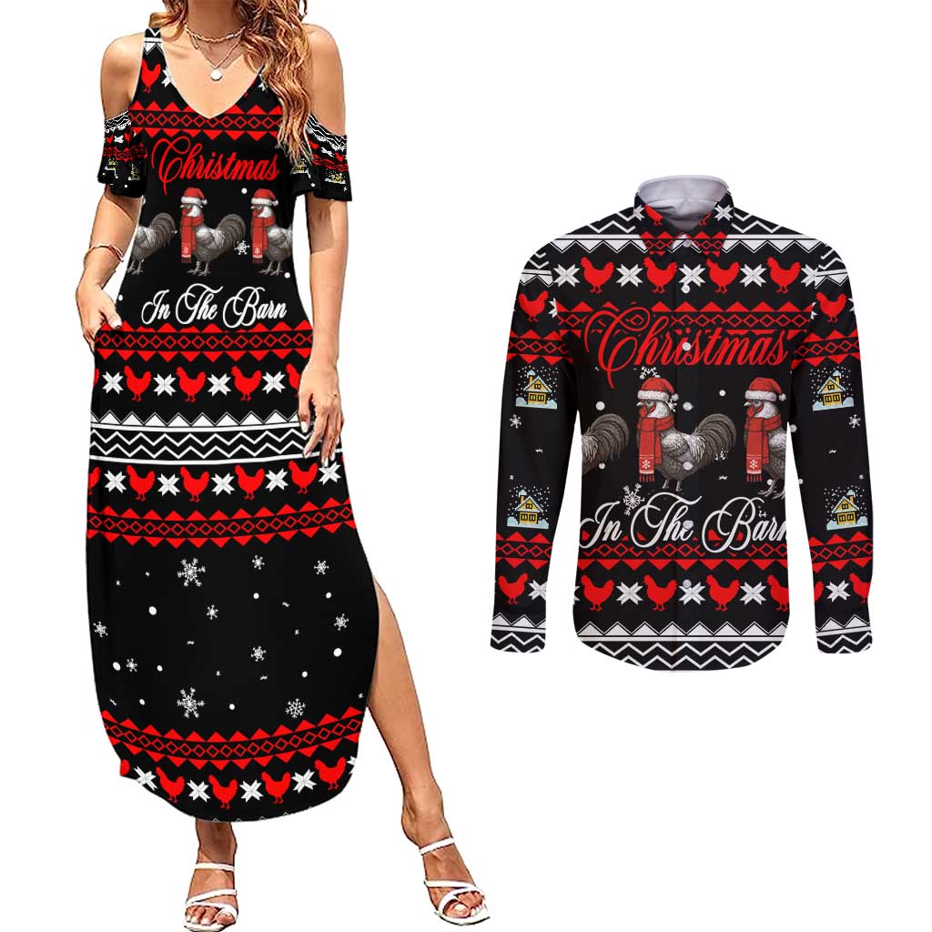 Chicken Farm Christmas Couples Matching Summer Maxi Dress and Long Sleeve Button Shirt Xmas Holiday Patterns - Wonder Print Shop