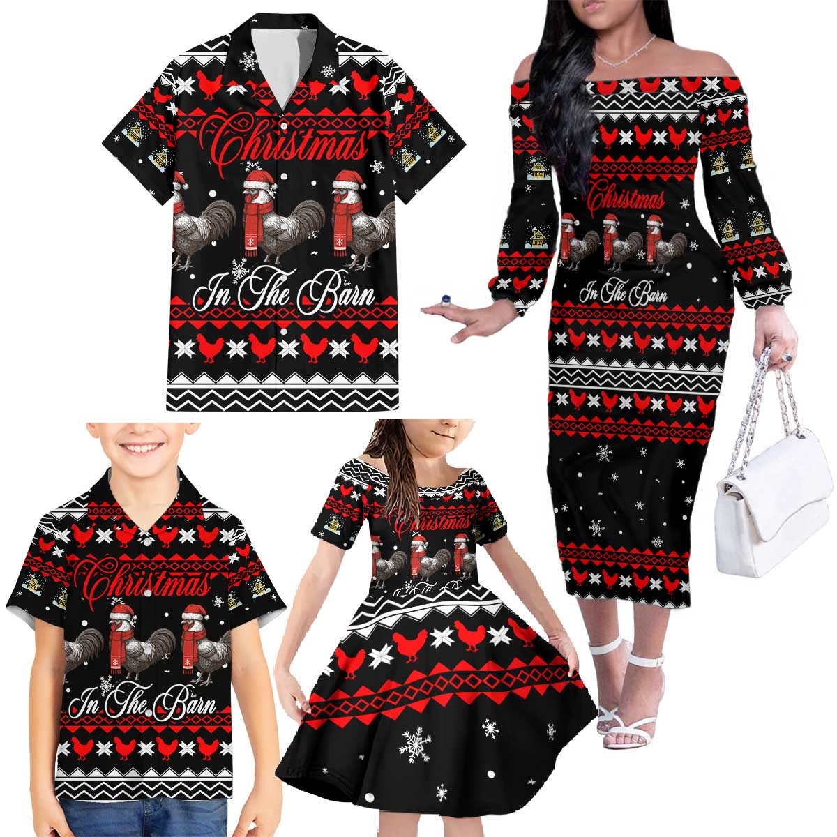 Chicken Farm Christmas Family Matching Off The Shoulder Long Sleeve Dress and Hawaiian Shirt Xmas Holiday Patterns - Wonder Print Shop
