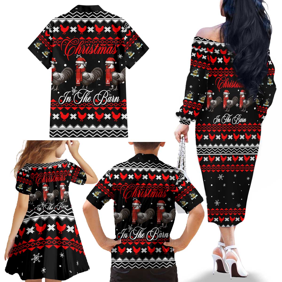 Chicken Farm Christmas Family Matching Off The Shoulder Long Sleeve Dress and Hawaiian Shirt Xmas Holiday Patterns - Wonder Print Shop