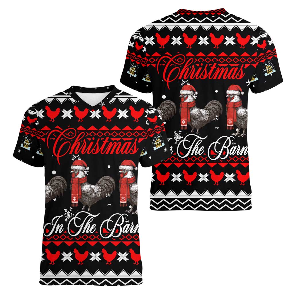 Chicken Farm Christmas Women V-Neck T-Shirt Xmas Holiday Patterns - Wonder Print Shop