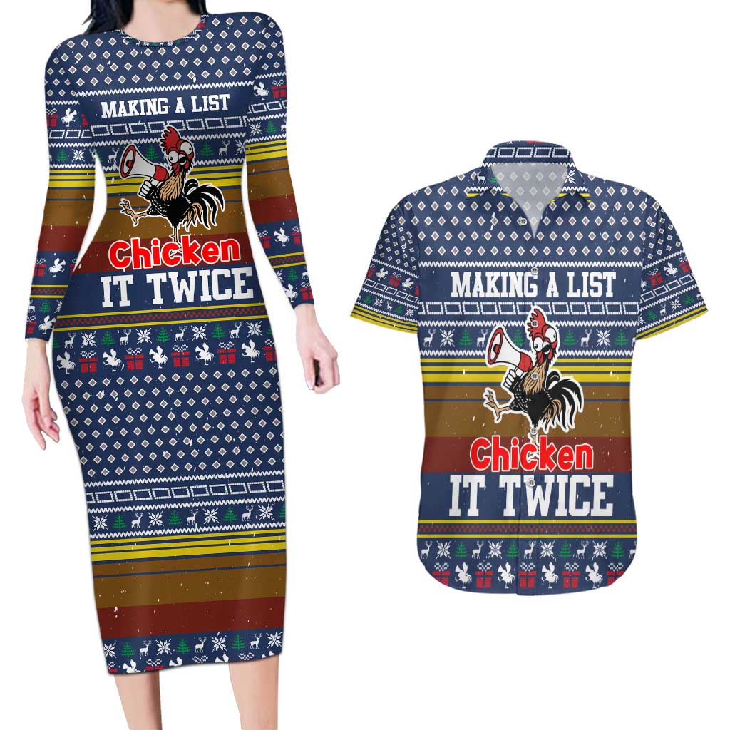 Chicken It Twice Christmas Couples Matching Long Sleeve Bodycon Dress and Hawaiian Shirt Xmas Holiday Patterns - Wonder Print Shop