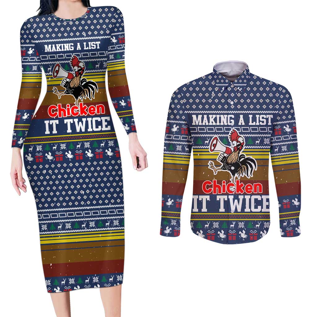 Chicken It Twice Christmas Couples Matching Long Sleeve Bodycon Dress and Long Sleeve Button Shirt Xmas Holiday Patterns - Wonder Print Shop