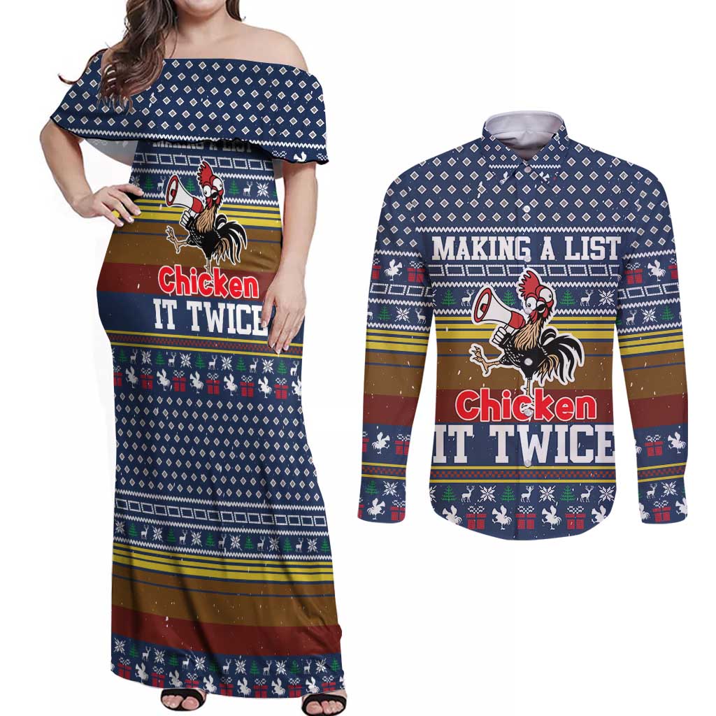 Chicken It Twice Christmas Couples Matching Off Shoulder Maxi Dress and Long Sleeve Button Shirt Xmas Holiday Patterns - Wonder Print Shop