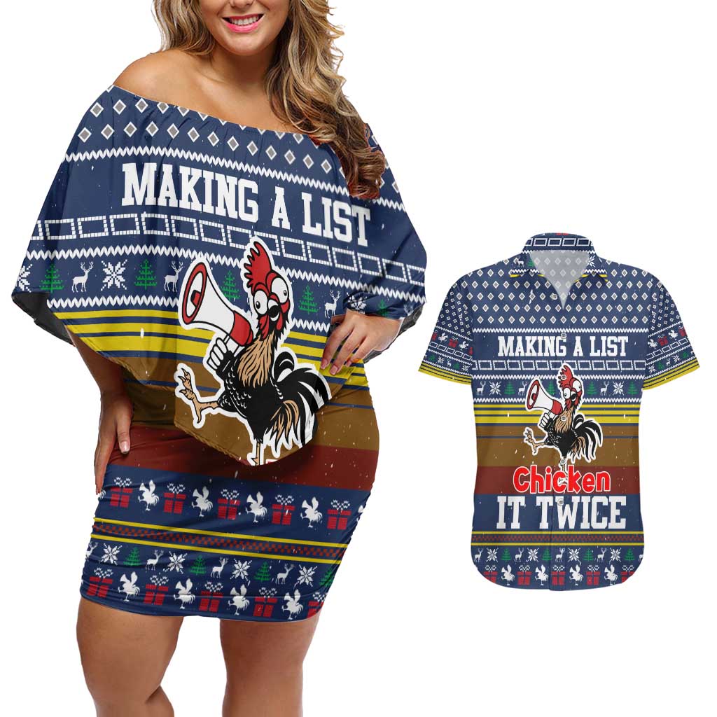Chicken It Twice Christmas Couples Matching Off Shoulder Short Dress and Hawaiian Shirt Xmas Holiday Patterns - Wonder Print Shop