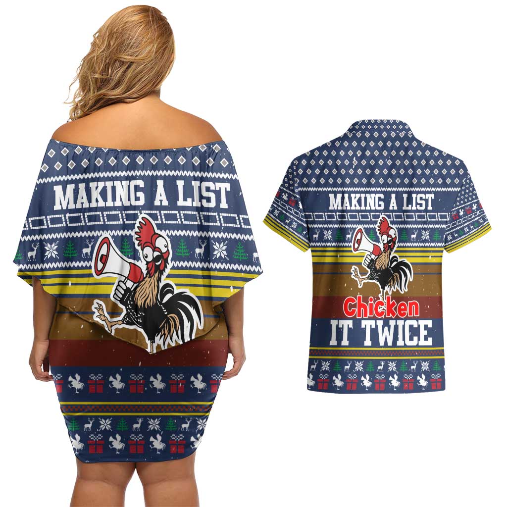 Chicken It Twice Christmas Couples Matching Off Shoulder Short Dress and Hawaiian Shirt Xmas Holiday Patterns - Wonder Print Shop