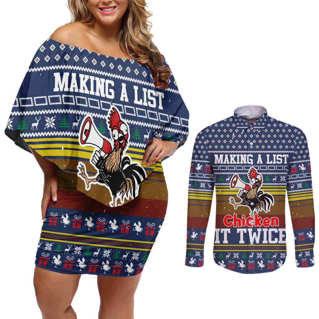 Chicken It Twice Christmas Couples Matching Off Shoulder Short Dress and Long Sleeve Button Shirt Xmas Holiday Patterns - Wonder Print Shop