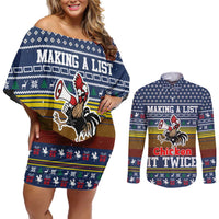 Chicken It Twice Christmas Couples Matching Off Shoulder Short Dress and Long Sleeve Button Shirt Xmas Holiday Patterns - Wonder Print Shop