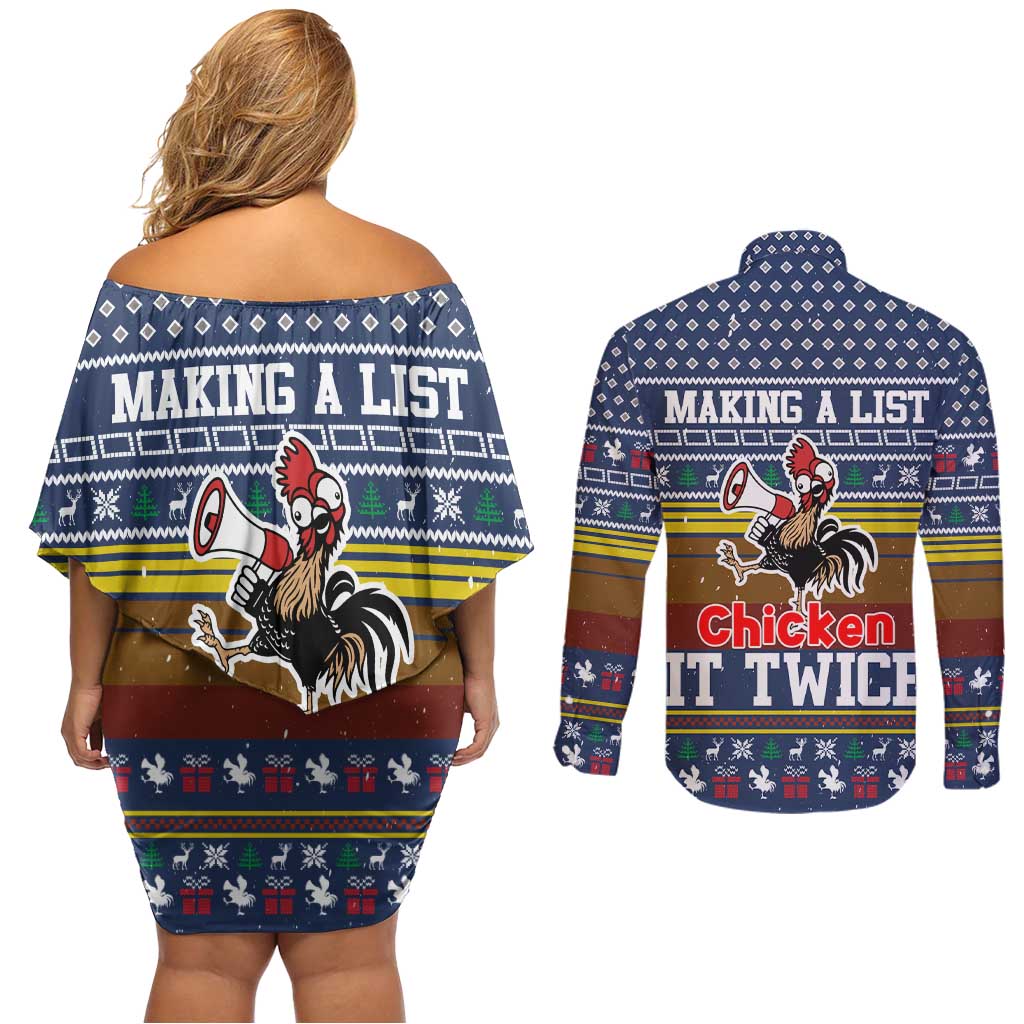 Chicken It Twice Christmas Couples Matching Off Shoulder Short Dress and Long Sleeve Button Shirt Xmas Holiday Patterns - Wonder Print Shop