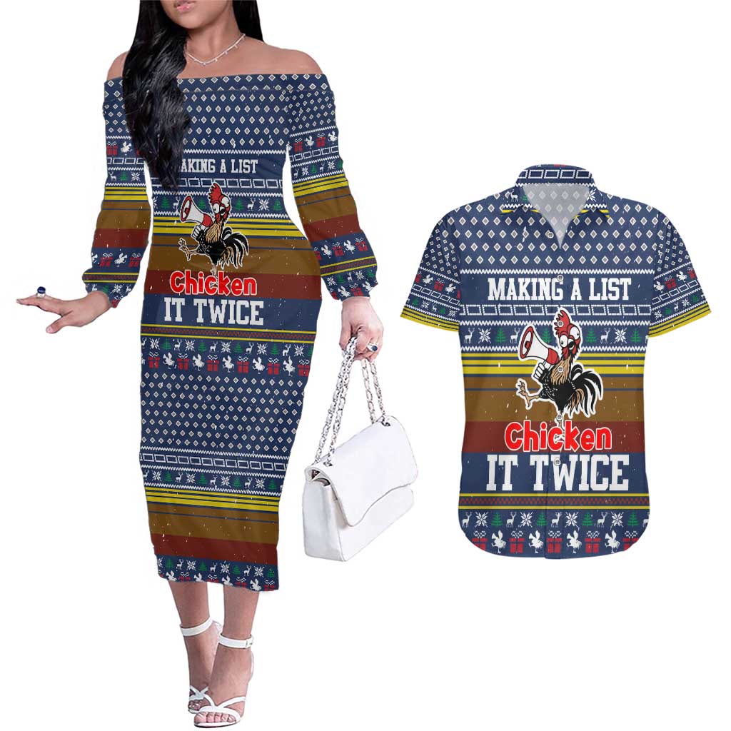 Chicken It Twice Christmas Couples Matching Off The Shoulder Long Sleeve Dress and Hawaiian Shirt Xmas Holiday Patterns - Wonder Print Shop