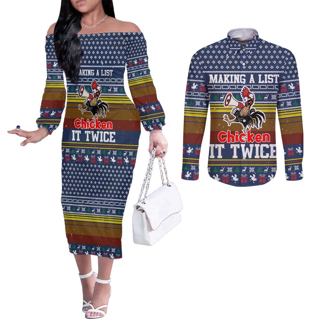 Chicken It Twice Christmas Couples Matching Off The Shoulder Long Sleeve Dress and Long Sleeve Button Shirt Xmas Holiday Patterns - Wonder Print Shop