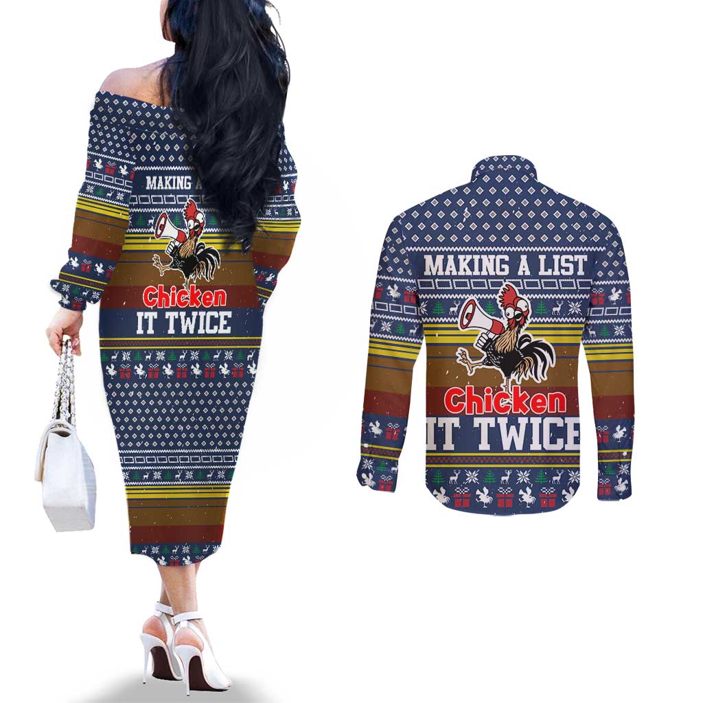 Chicken It Twice Christmas Couples Matching Off The Shoulder Long Sleeve Dress and Long Sleeve Button Shirt Xmas Holiday Patterns - Wonder Print Shop