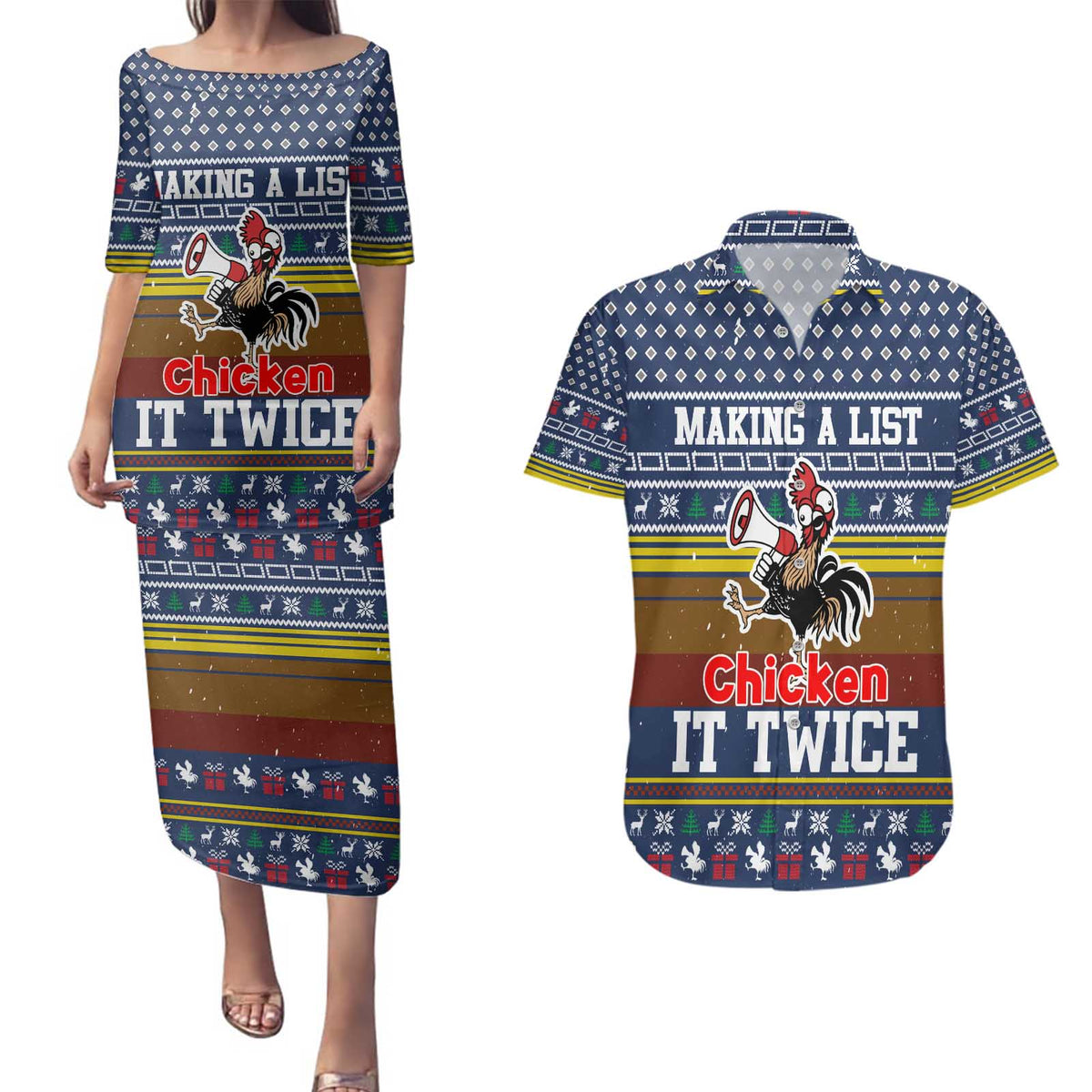 Chicken It Twice Christmas Couples Matching Puletasi and Hawaiian Shirt Xmas Holiday Patterns - Wonder Print Shop