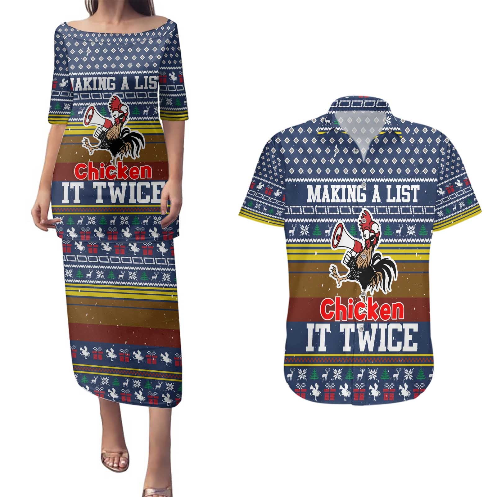 Chicken It Twice Christmas Couples Matching Puletasi and Hawaiian Shirt Xmas Holiday Patterns - Wonder Print Shop