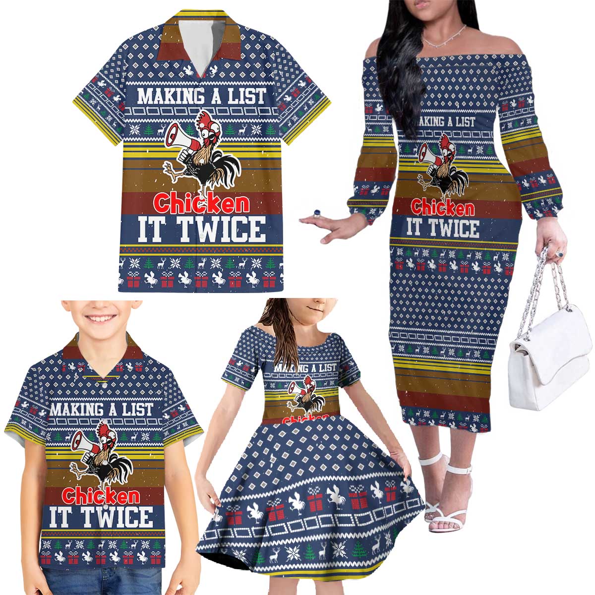 Chicken It Twice Christmas Family Matching Off The Shoulder Long Sleeve Dress and Hawaiian Shirt Xmas Holiday Patterns - Wonder Print Shop