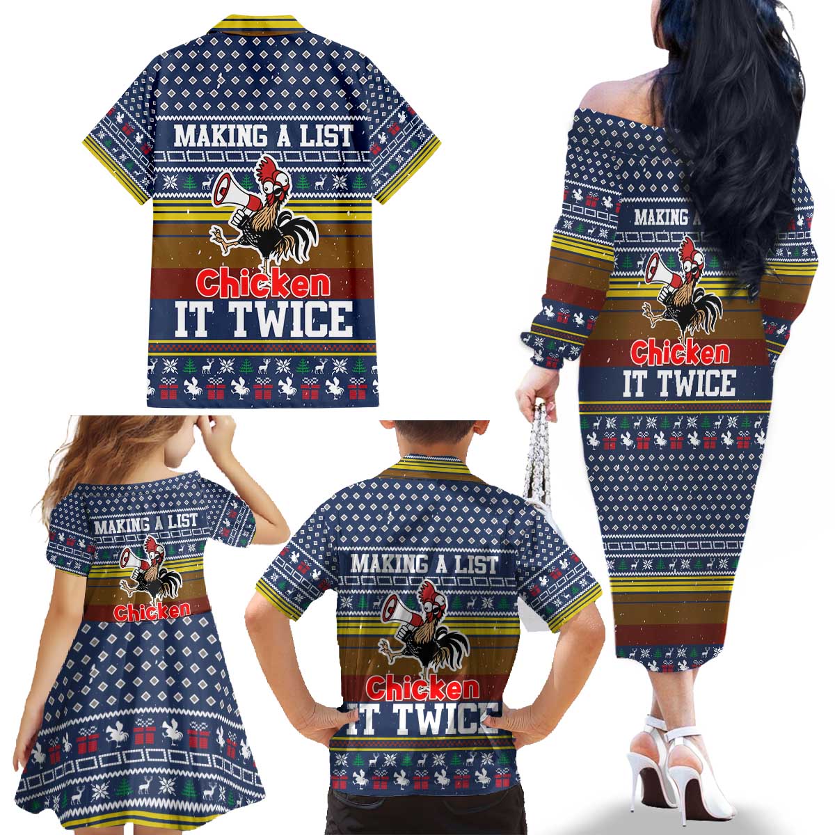 Chicken It Twice Christmas Family Matching Off The Shoulder Long Sleeve Dress and Hawaiian Shirt Xmas Holiday Patterns - Wonder Print Shop