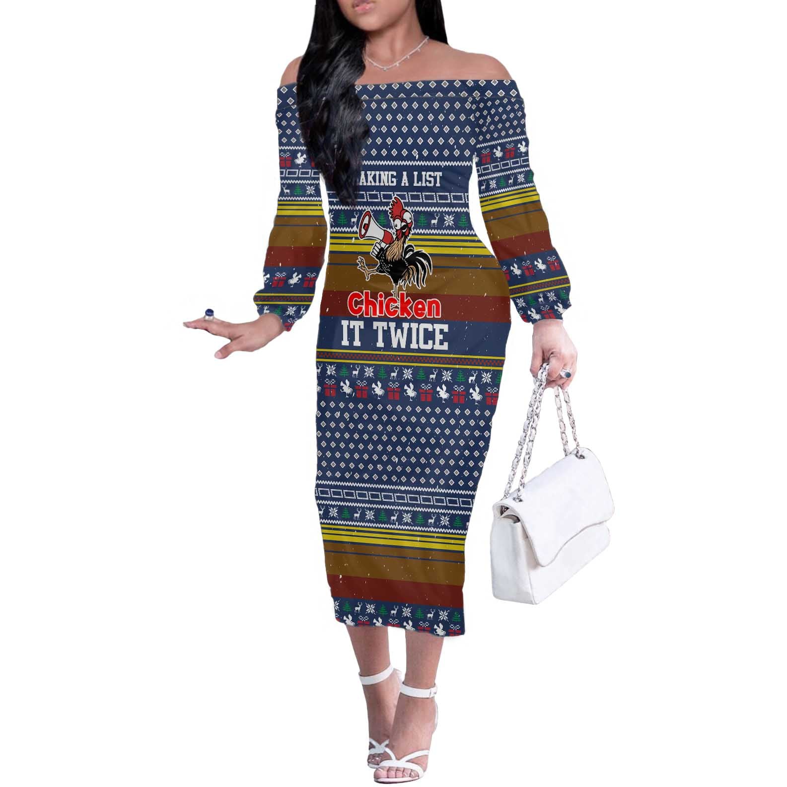 Chicken It Twice Christmas Off The Shoulder Long Sleeve Dress Xmas Holiday Patterns - Wonder Print Shop