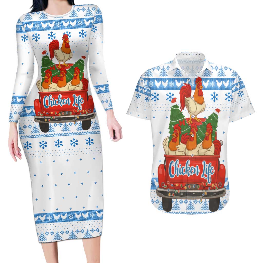Chicken Life Christmas Couples Matching Long Sleeve Bodycon Dress and Hawaiian Shirt Xmas Holiday Patterns - Wonder Print Shop