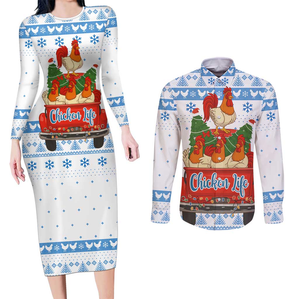 Chicken Life Christmas Couples Matching Long Sleeve Bodycon Dress and Long Sleeve Button Shirt Xmas Holiday Patterns - Wonder Print Shop
