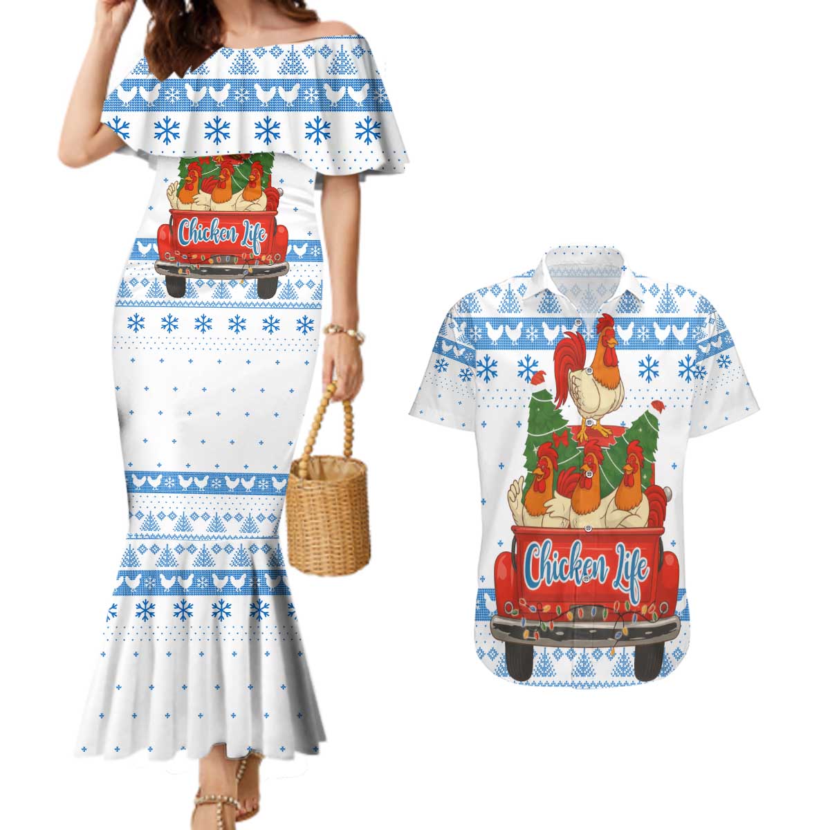 Chicken Life Christmas Couples Matching Mermaid Dress and Hawaiian Shirt Xmas Holiday Patterns - Wonder Print Shop
