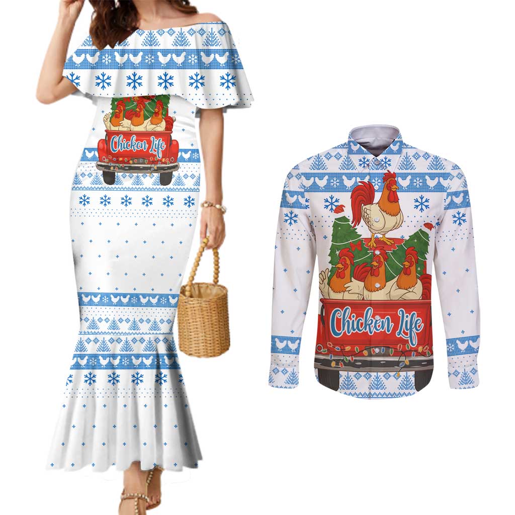 Chicken Life Christmas Couples Matching Mermaid Dress and Long Sleeve Button Shirt Xmas Holiday Patterns - Wonder Print Shop