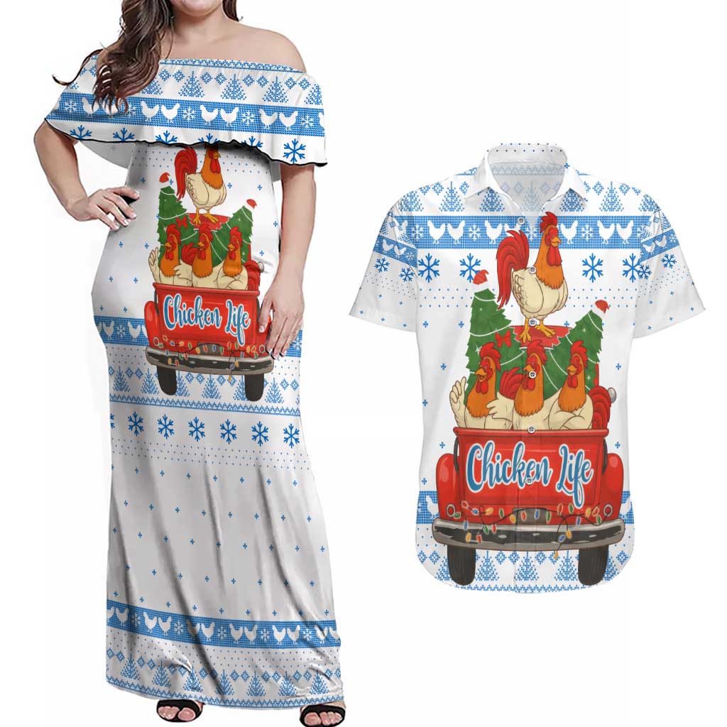 Chicken Life Christmas Couples Matching Off Shoulder Maxi Dress and Hawaiian Shirt Xmas Holiday Patterns - Wonder Print Shop
