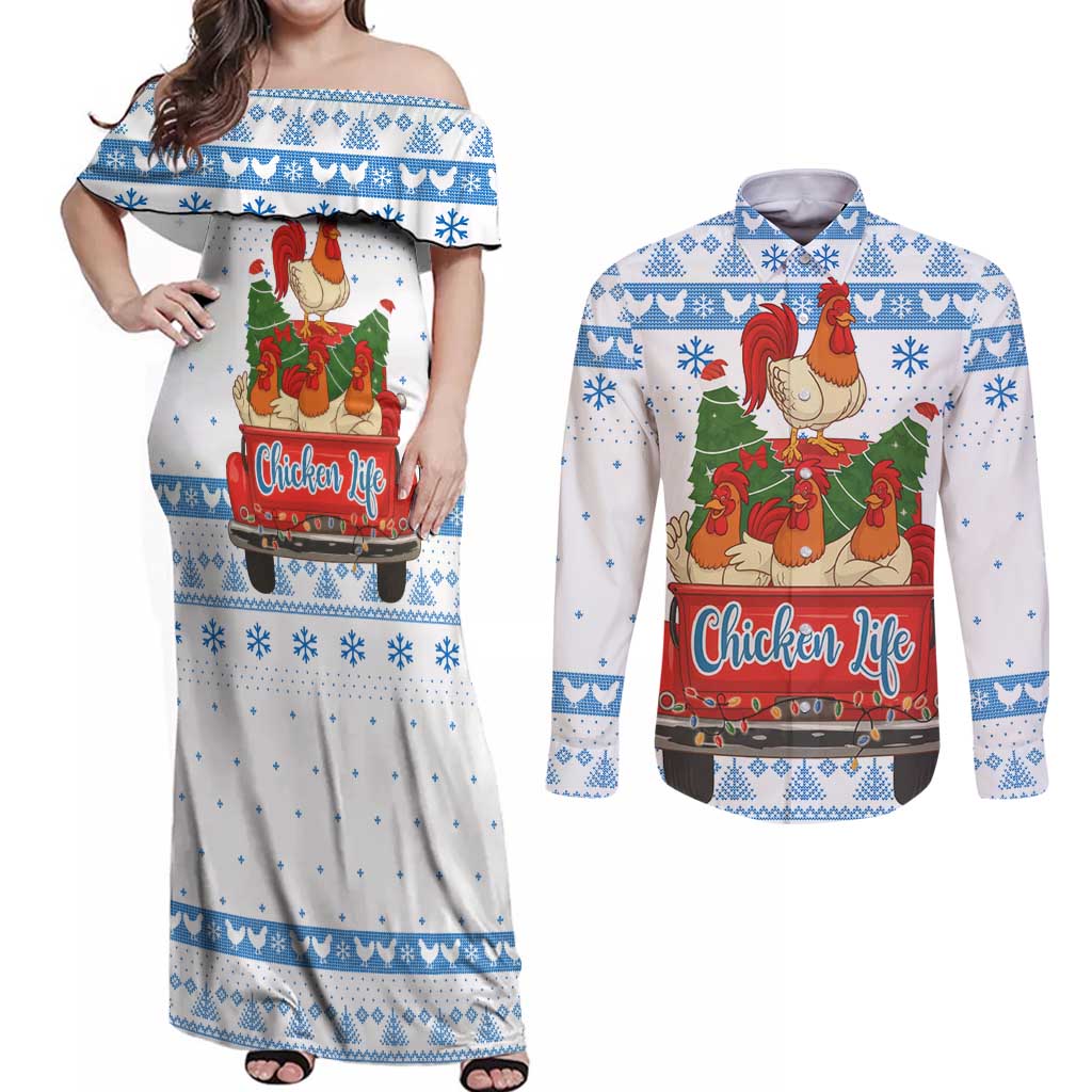 Chicken Life Christmas Couples Matching Off Shoulder Maxi Dress and Long Sleeve Button Shirt Xmas Holiday Patterns - Wonder Print Shop