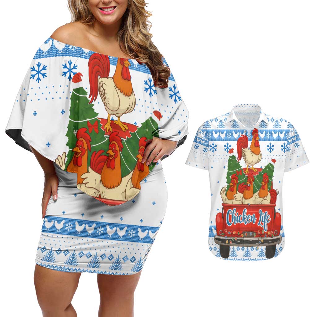 Chicken Life Christmas Couples Matching Off Shoulder Short Dress and Hawaiian Shirt Xmas Holiday Patterns - Wonder Print Shop