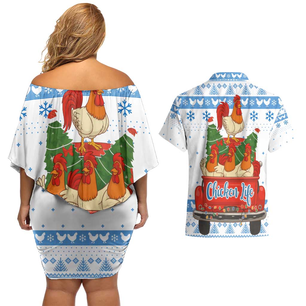 Chicken Life Christmas Couples Matching Off Shoulder Short Dress and Hawaiian Shirt Xmas Holiday Patterns - Wonder Print Shop