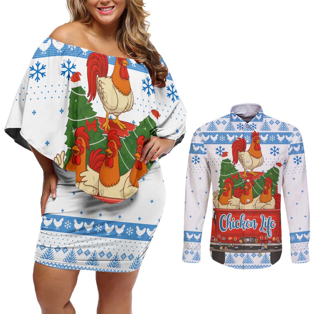 Chicken Life Christmas Couples Matching Off Shoulder Short Dress and Long Sleeve Button Shirt Xmas Holiday Patterns - Wonder Print Shop