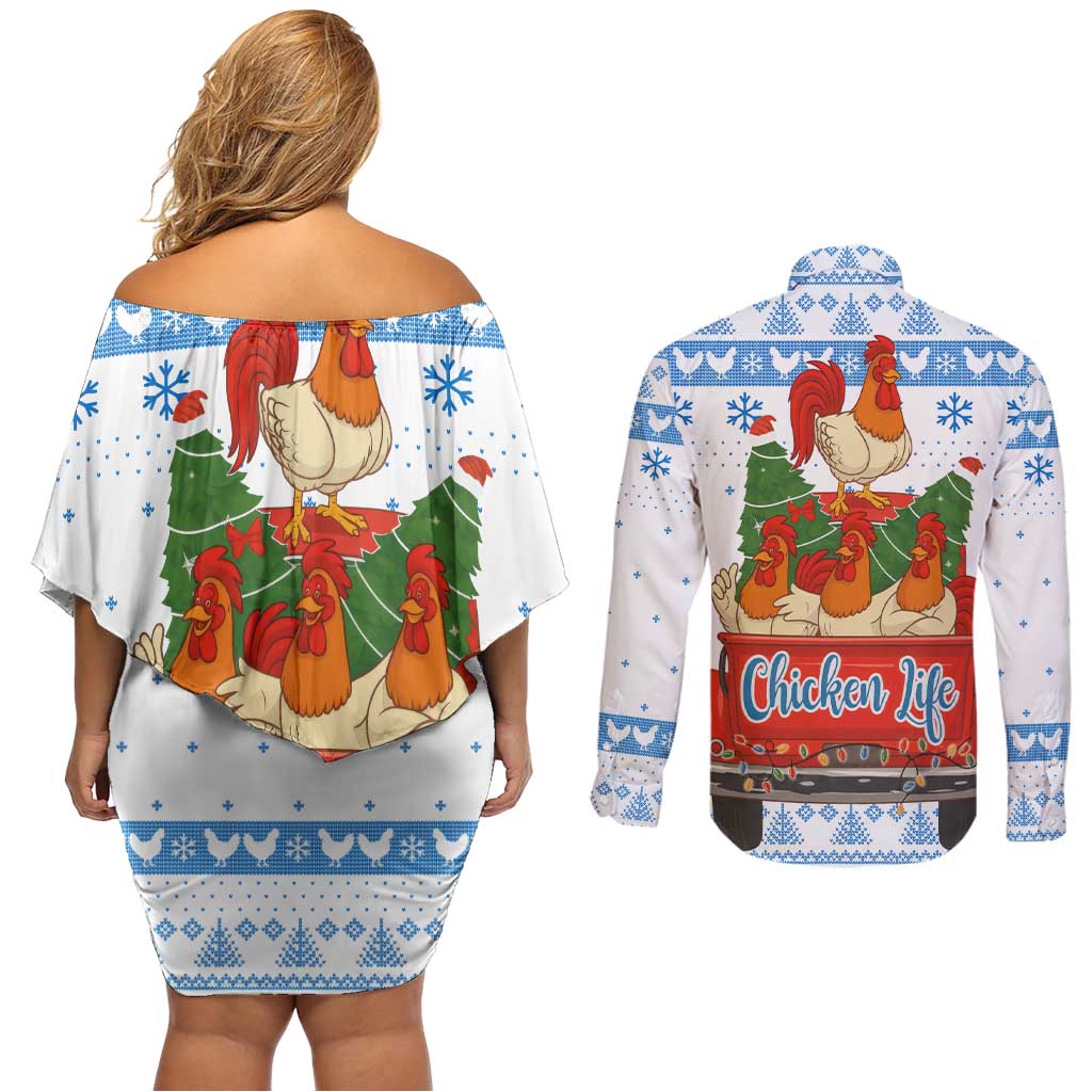 Chicken Life Christmas Couples Matching Off Shoulder Short Dress and Long Sleeve Button Shirt Xmas Holiday Patterns - Wonder Print Shop