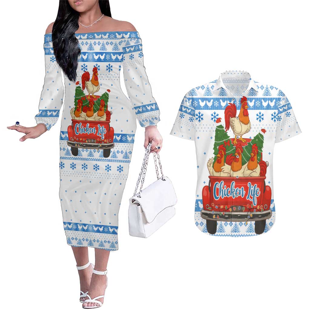 Chicken Life Christmas Couples Matching Off The Shoulder Long Sleeve Dress and Hawaiian Shirt Xmas Holiday Patterns - Wonder Print Shop
