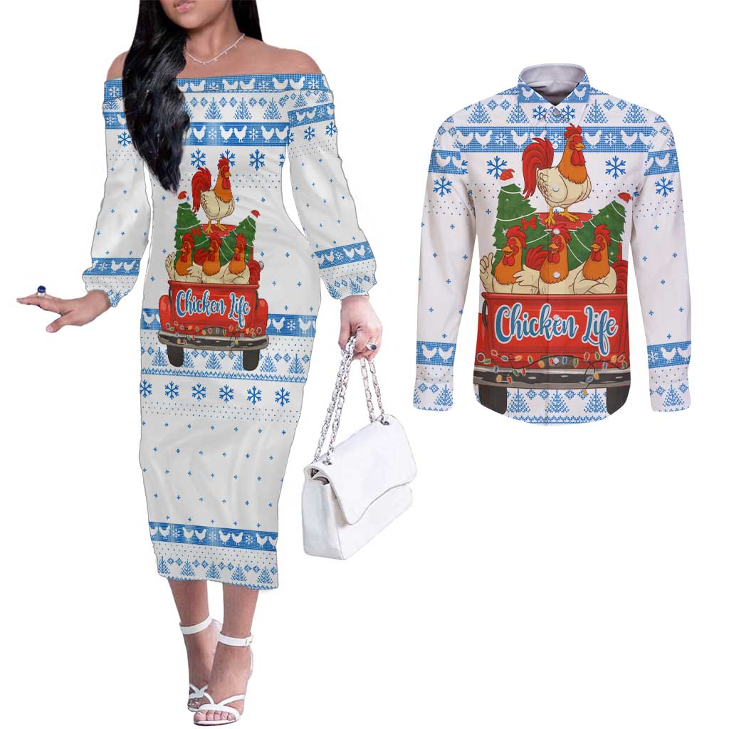 Chicken Life Christmas Couples Matching Off The Shoulder Long Sleeve Dress and Long Sleeve Button Shirt Xmas Holiday Patterns - Wonder Print Shop