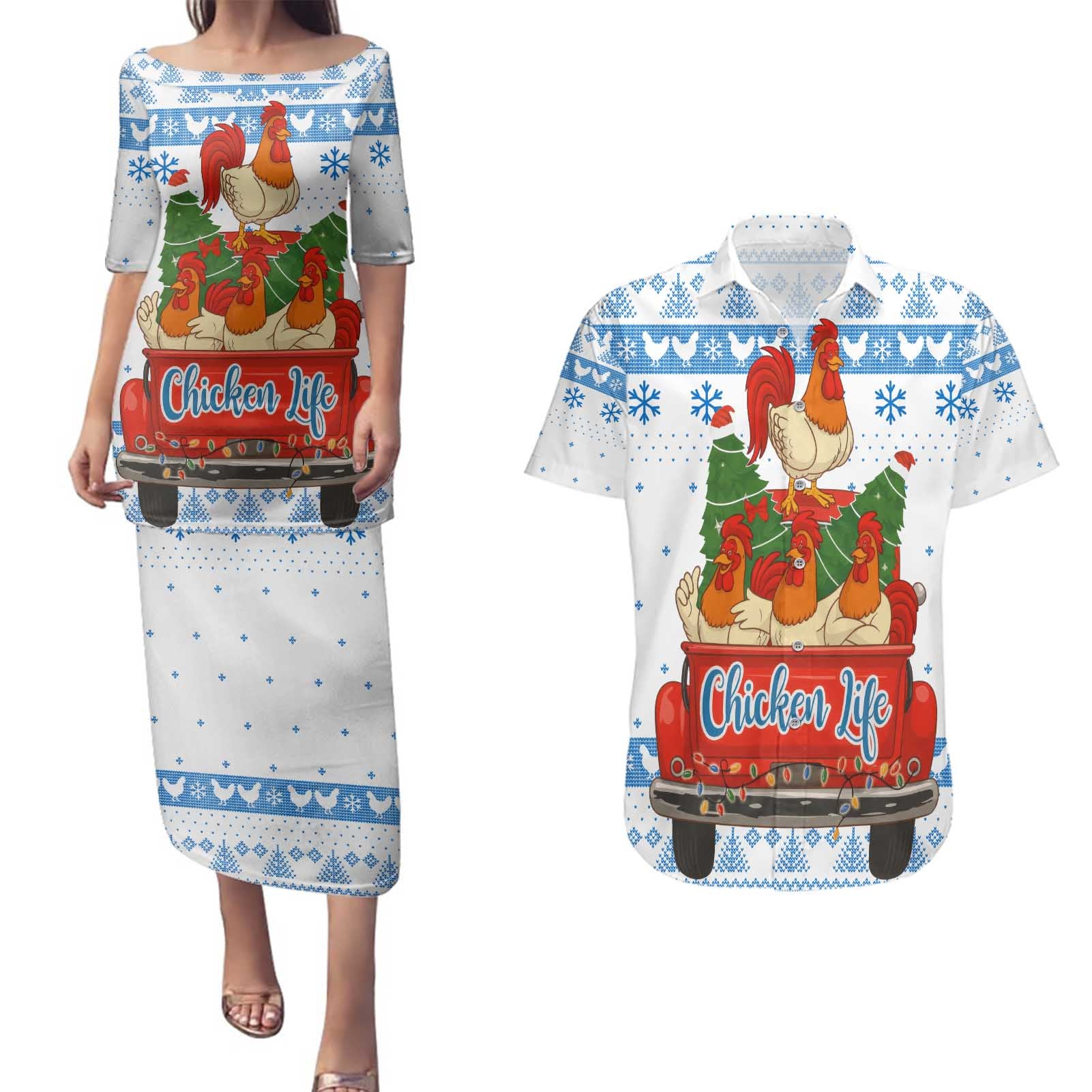 Chicken Life Christmas Couples Matching Puletasi and Hawaiian Shirt Xmas Holiday Patterns - Wonder Print Shop