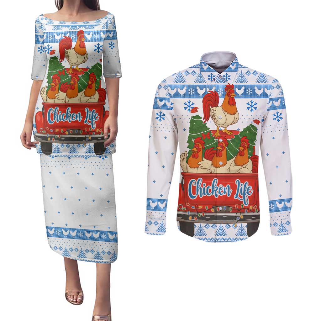 Chicken Life Christmas Couples Matching Puletasi and Long Sleeve Button Shirt Xmas Holiday Patterns - Wonder Print Shop