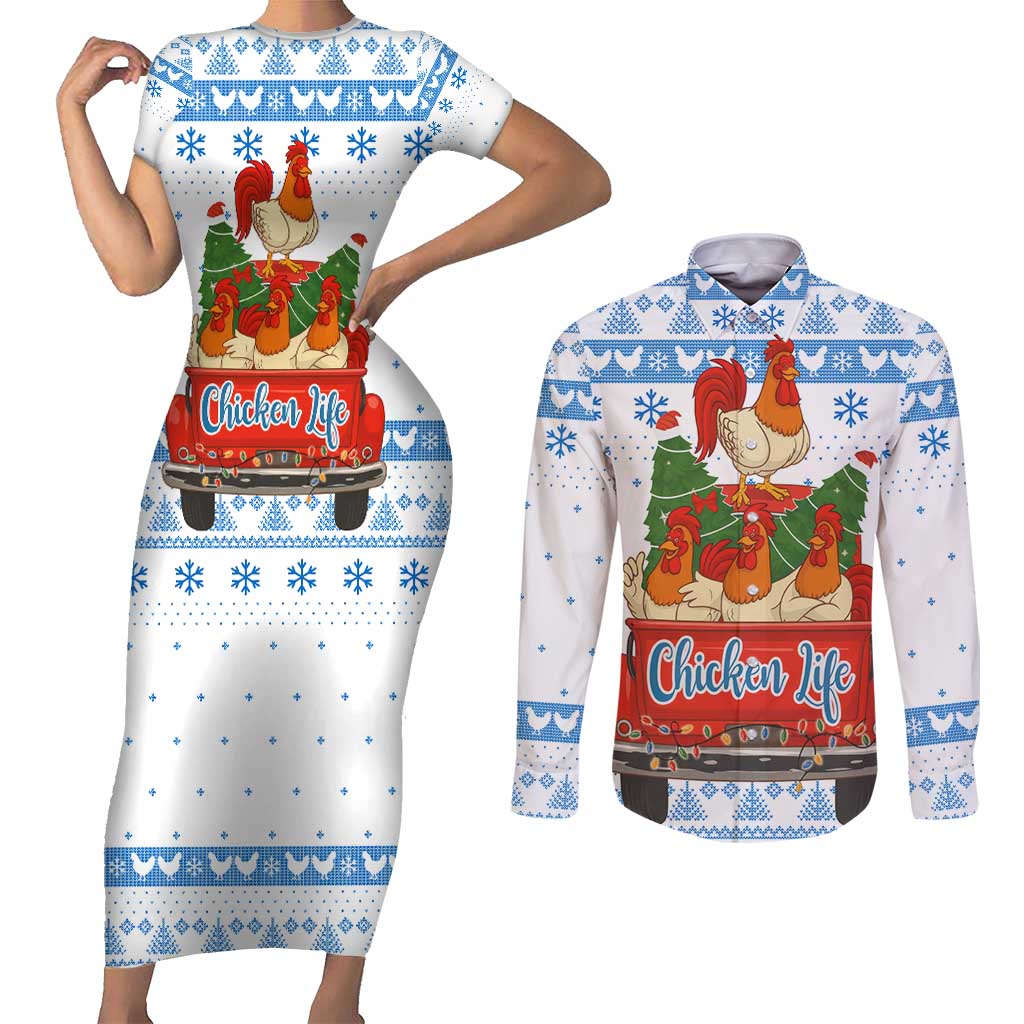Chicken Life Christmas Couples Matching Short Sleeve Bodycon Dress and Long Sleeve Button Shirt Xmas Holiday Patterns - Wonder Print Shop