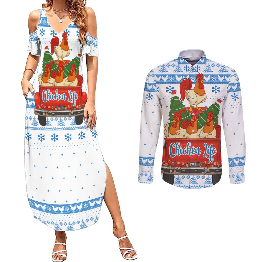 Chicken Life Christmas Couples Matching Summer Maxi Dress and Long Sleeve Button Shirt Xmas Holiday Patterns - Wonder Print Shop