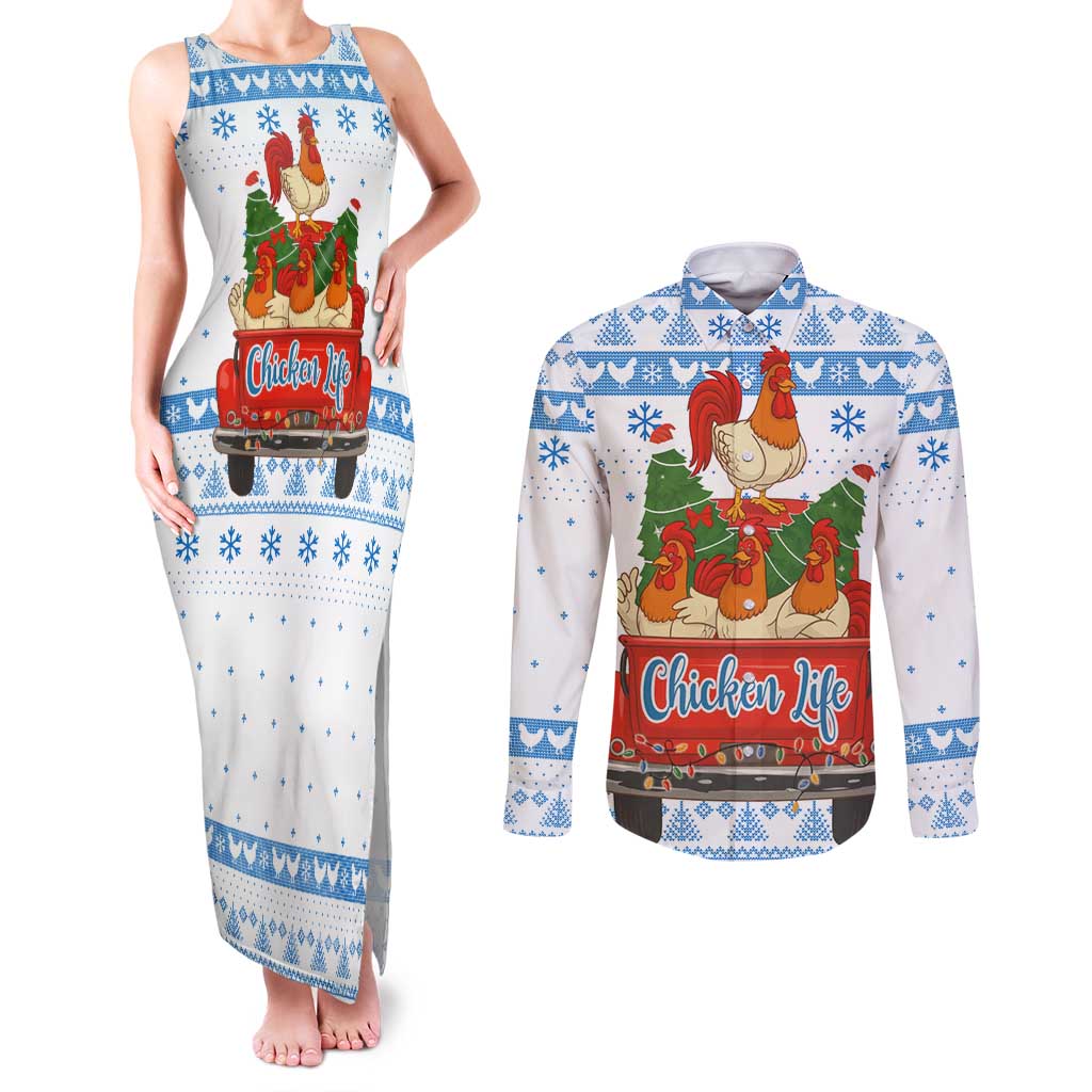 Chicken Life Christmas Couples Matching Tank Maxi Dress and Long Sleeve Button Shirt Xmas Holiday Patterns - Wonder Print Shop