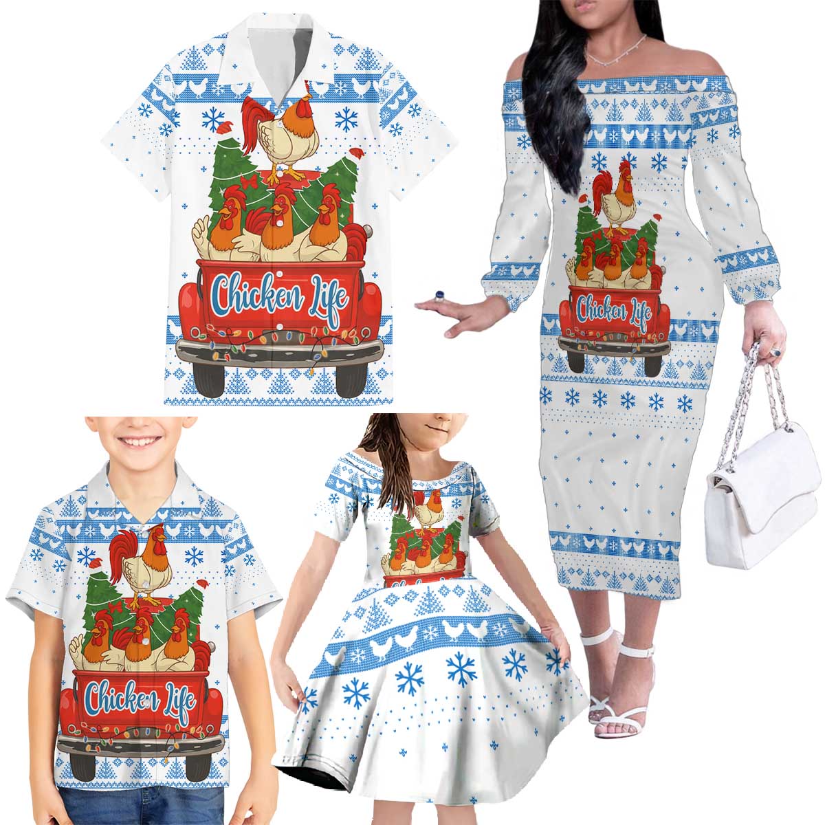 Chicken Life Christmas Family Matching Off The Shoulder Long Sleeve Dress and Hawaiian Shirt Xmas Holiday Patterns - Wonder Print Shop