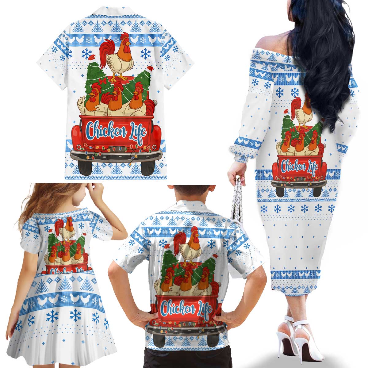 Chicken Life Christmas Family Matching Off The Shoulder Long Sleeve Dress and Hawaiian Shirt Xmas Holiday Patterns - Wonder Print Shop