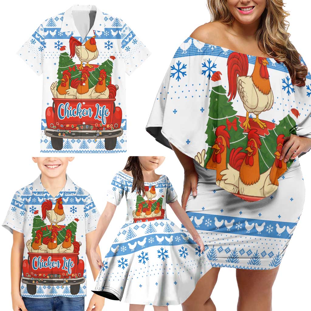 Chicken Life Christmas Family Matching Off Shoulder Short Dress and Hawaiian Shirt Xmas Holiday Patterns - Wonder Print Shop
