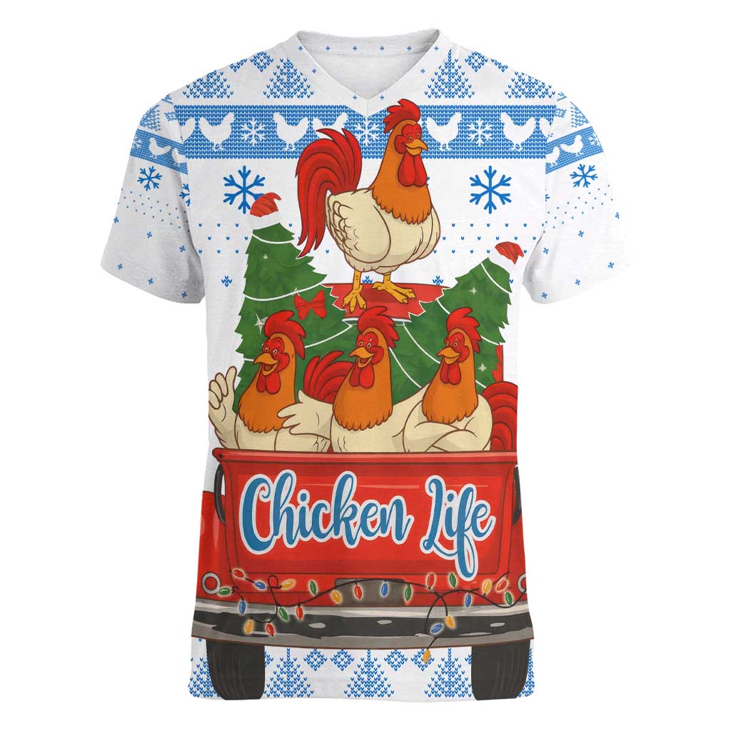Chicken Life Christmas Women V-Neck T-Shirt Xmas Holiday Patterns - Wonder Print Shop