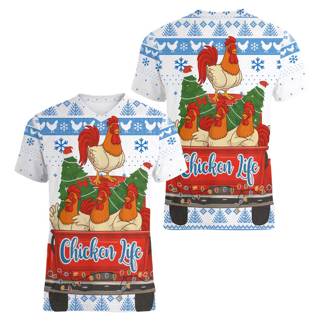 Chicken Life Christmas Women V-Neck T-Shirt Xmas Holiday Patterns - Wonder Print Shop