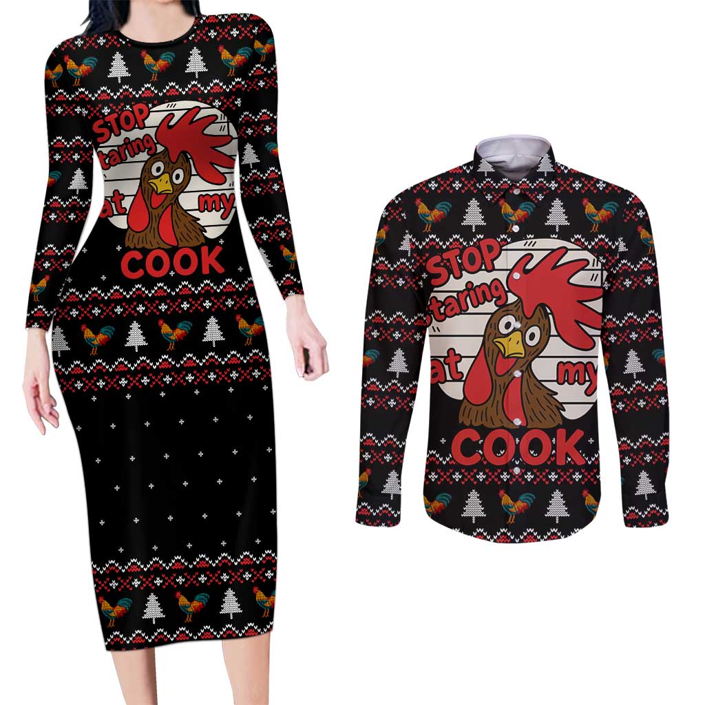 Chicken Stop Christmas Couples Matching Long Sleeve Bodycon Dress and Long Sleeve Button Shirt Xmas Holiday Patterns - Wonder Print Shop