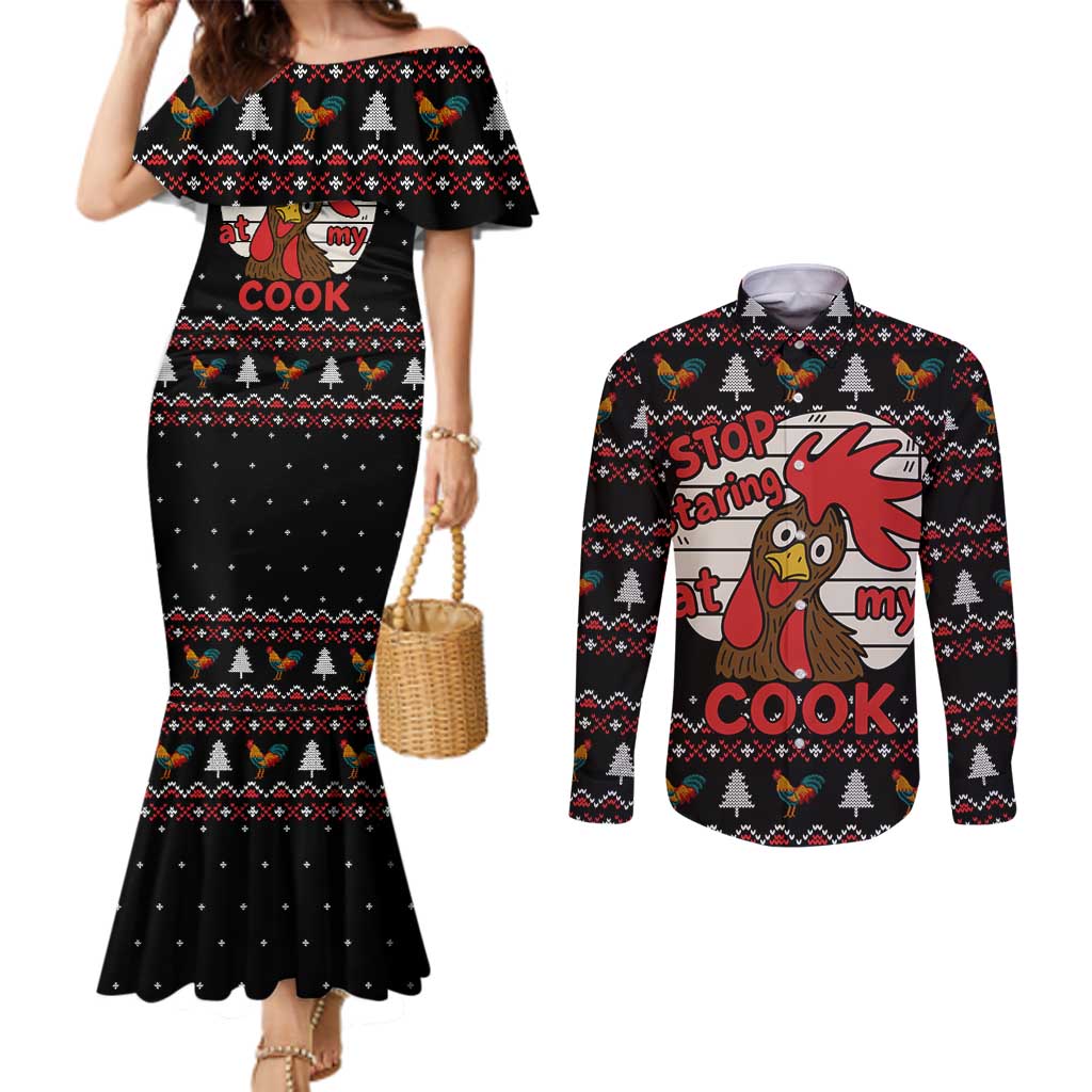 Chicken Stop Christmas Couples Matching Mermaid Dress and Long Sleeve Button Shirt Xmas Holiday Patterns - Wonder Print Shop