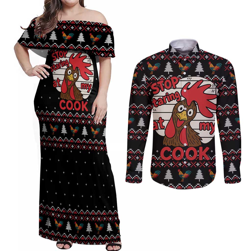 Chicken Stop Christmas Couples Matching Off Shoulder Maxi Dress and Long Sleeve Button Shirt Xmas Holiday Patterns - Wonder Print Shop