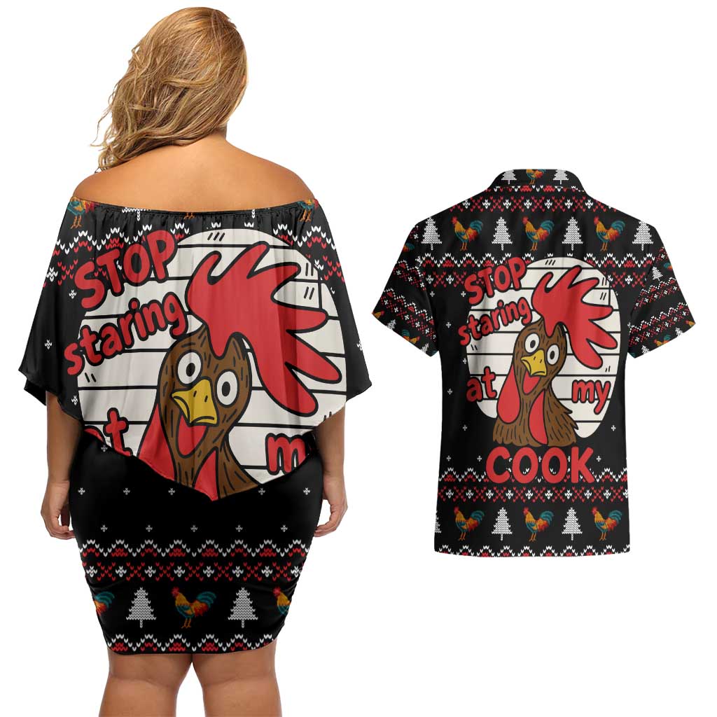 Chicken Stop Christmas Couples Matching Off Shoulder Short Dress and Hawaiian Shirt Xmas Holiday Patterns - Wonder Print Shop
