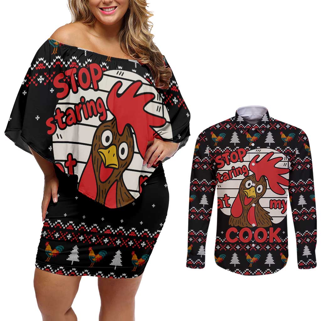 Chicken Stop Christmas Couples Matching Off Shoulder Short Dress and Long Sleeve Button Shirt Xmas Holiday Patterns - Wonder Print Shop