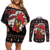 Chicken Stop Christmas Couples Matching Off Shoulder Short Dress and Long Sleeve Button Shirt Xmas Holiday Patterns - Wonder Print Shop