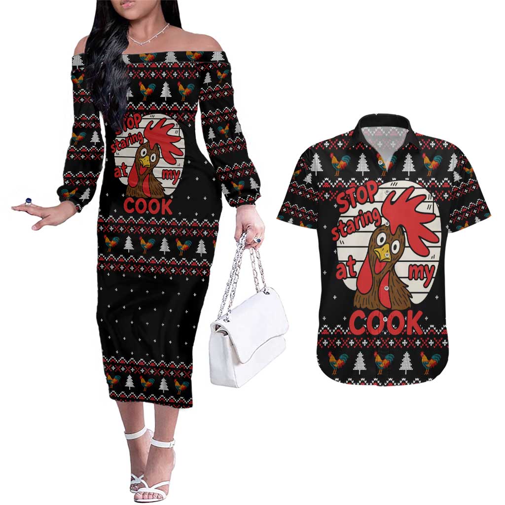 Chicken Stop Christmas Couples Matching Off The Shoulder Long Sleeve Dress and Hawaiian Shirt Xmas Holiday Patterns - Wonder Print Shop
