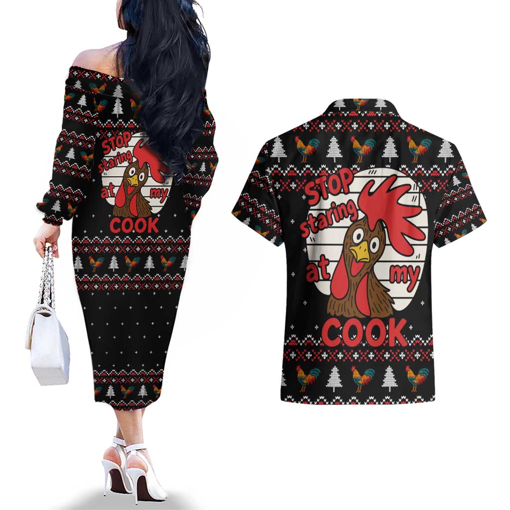 Chicken Stop Christmas Couples Matching Off The Shoulder Long Sleeve Dress and Hawaiian Shirt Xmas Holiday Patterns - Wonder Print Shop